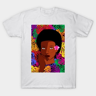 Beautiful Black Afro Woman With Colourful Plants T-Shirt